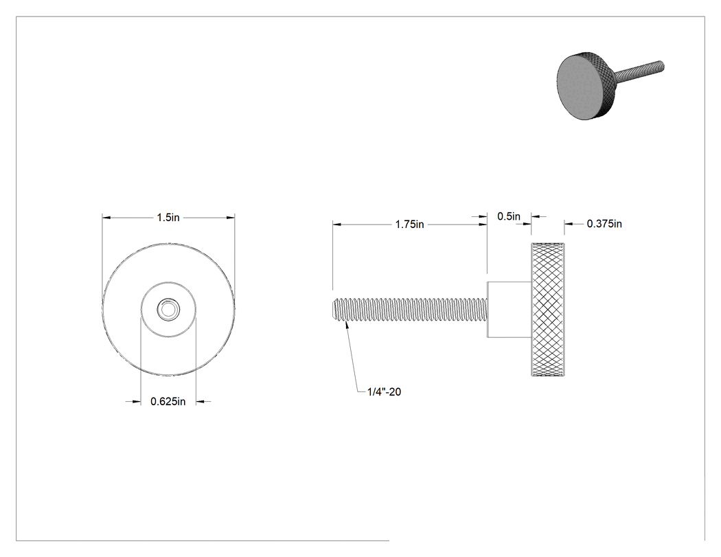 Teknik Çizim - Demir Topuz, Tırtıllı Tutamaklı, 1/4"-20 Diş, 1-3/4" Uzunluğunda Saplama