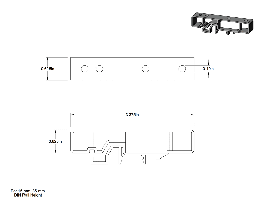 Teknik Çizim - Kablo Tutucular için DIN Rayı Montajlı Adaptör, 15 mm ve 35 mm Yüksekliğinde DIN Rayı için