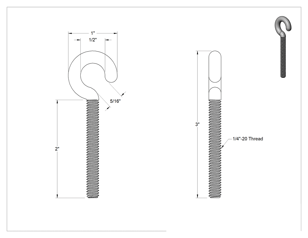 Teknik Çizim - Çinko Kaplı Çelik Yönlendirme Aybolt - Kaldırma Amaçlı Değildir, 1/4"-20 Diş Boyutu, 2" Diş Uzunluğu