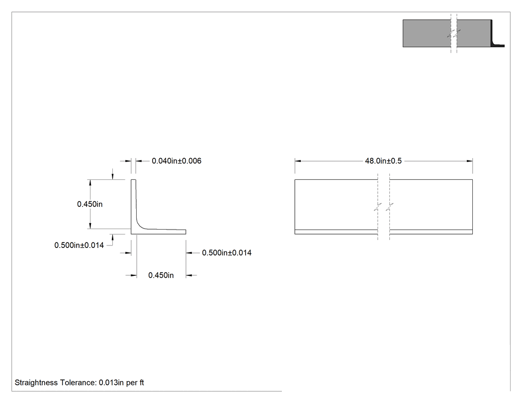 Teknik Çizim - Mimari 6063 Alüminyum 90 Derece Köşebent, Yuvarlak İç Köşe, 3/64 inç Duvar Kalınlığı, 1/2" Dış Yükseklik, 4' Uzunluk