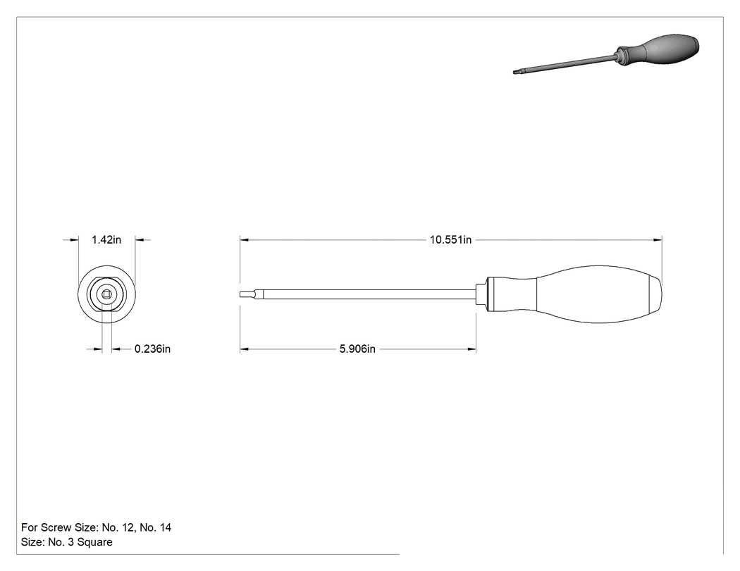 Teknik Çizim - Tornavida, 3 Numaralı Kare Ucu, 10-1/2" Toplam Uzunluk