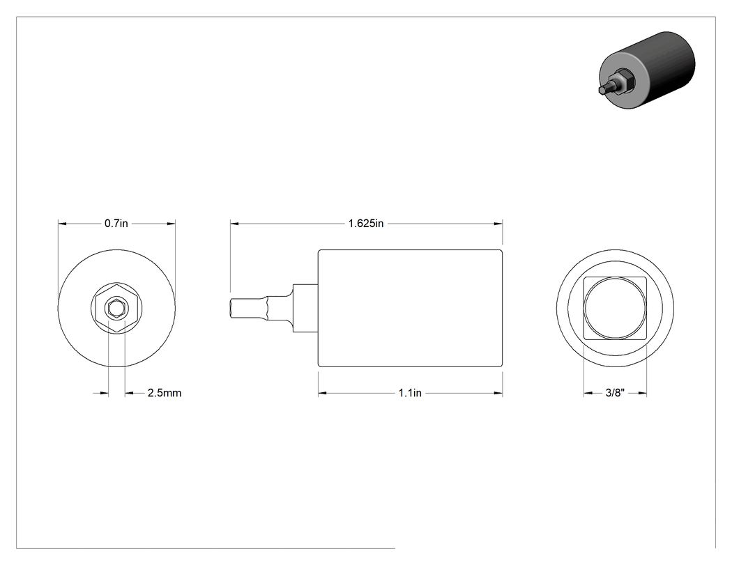 Teknik Çizim - Altıgen Uçlu Soket, Kısa, 3/8" Kare Tahrik, 2.5 mm Tahrik Boyutu