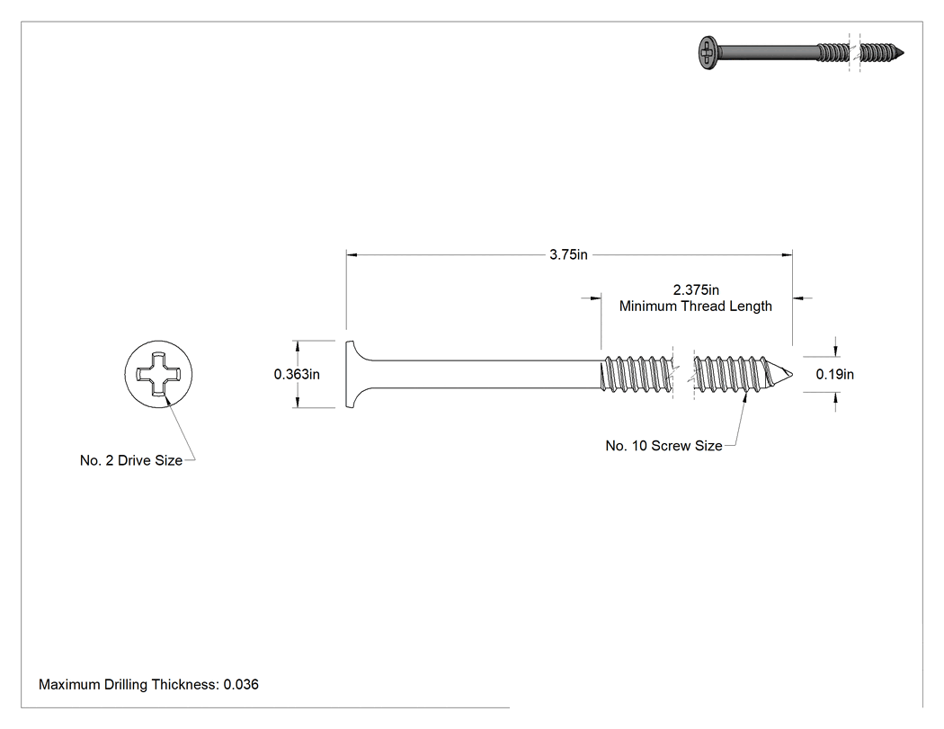 Teknik Çizim - Metal Çerçeve için Alçıpan Vidası, Paslanma ve Aşınmaya Dayanıklı Kaplamalı Çelik, 10 Numaralı Boyut, 3-3/4" Uzunluk