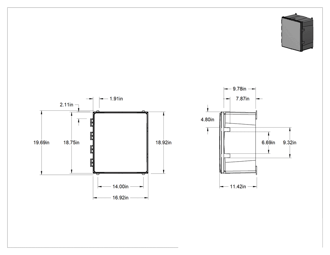 Teknik Çizim - Versa-Panel Polikarbonat Muhafaza, Su Geçirmez, Vidalı Menteşeli Kapak, 17" x 19" x 12", Gri