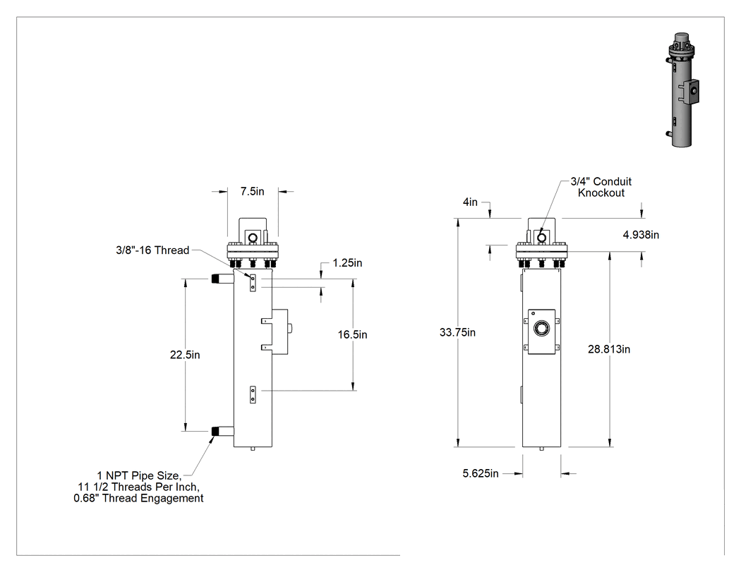 Teknik Çizim - Akışlı Isıtma Elemanı, Su için, Incoloy Isıtma Elemanı, 480V AC, 6000W