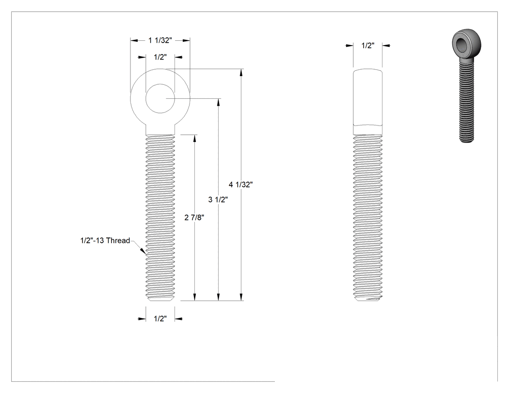 Teknik Çizim - Tam Gijon Ucu Cıvatası, Sağ Yönlü 1/2"-13 Şaft, 3-1/2 inç Şaft Merkez Uzunluğu