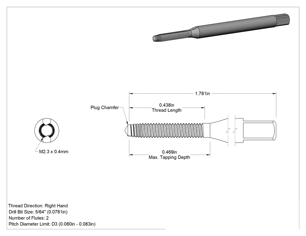 Teknik Çizim - Yüksek Hızlı Çelik Talaş Temizleme Kılavuzu, Geçiş Delikleri için, TiCN Kaplamalı, M2.3 x 0.4 mm Diş Boyutu