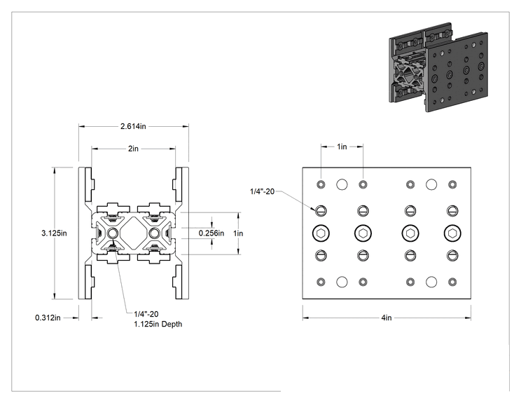 Teknik Çizim - T-Yivli Çerçeve, İki adet 2 inç Yüksekliğinde Çift Ray için Ağır Hizmet Tipi Rulman, 4" Uzunluk, Gümüş