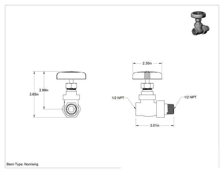 Teknik Çizim - Kolay Kurulumlu Kademeli Açma/Kapama Vanası, Bronz, 1/2 NPT Dişi x 1/2 NPT Erkek