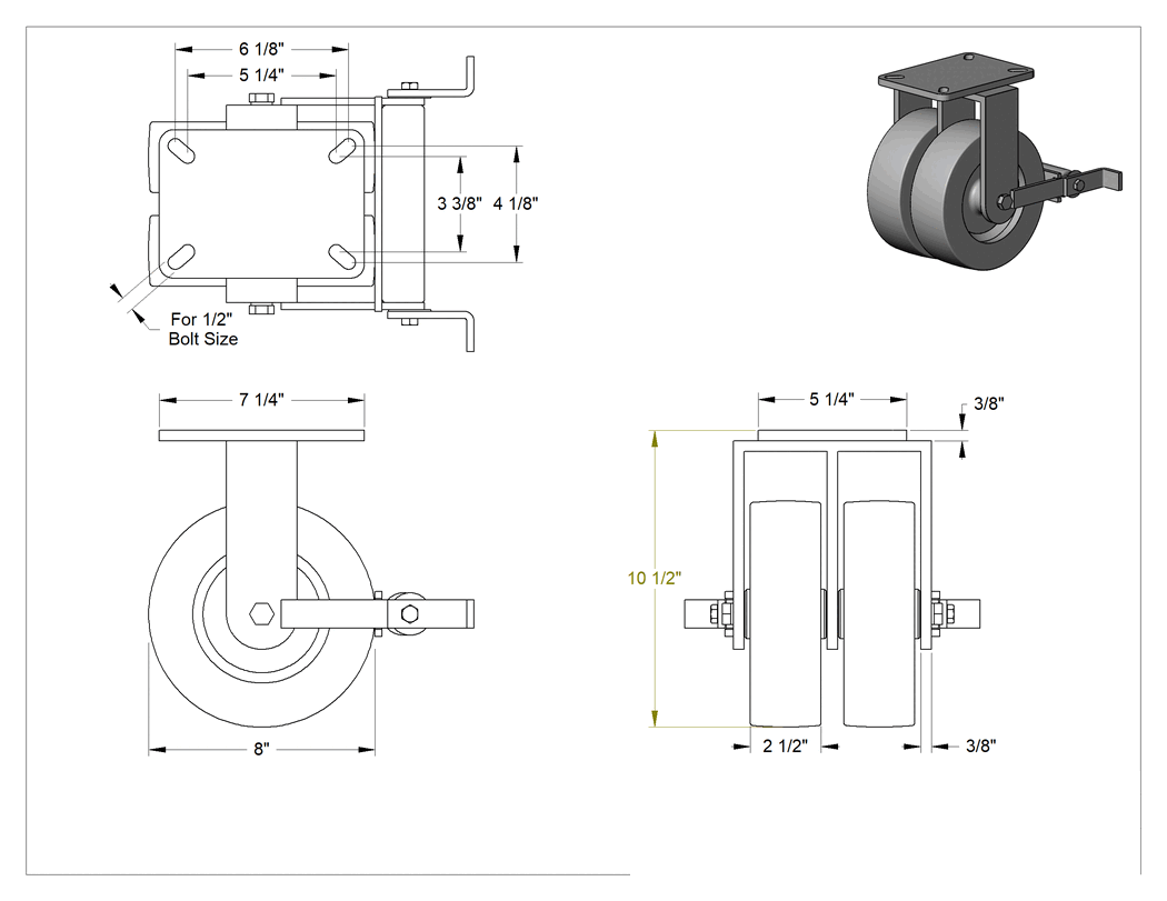 Teknik Çizim - 7-1/4" x 5-1/4" Plakalı Stronghart Tekerlek, Ekstra Yüksek Kapasiteli, Frenli ve 8 inç Çapında Fenolik Tekerlekli Sabit