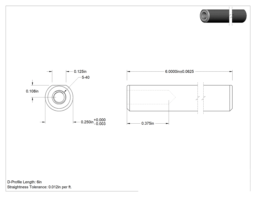 Teknik Çizim - Dişli D-Profil Döner Mil, 1045 Karbon Çelik, 1/4" Çap, 6 inç Uzunluk