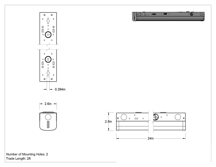 Teknik Çizim - Dahili LED Ampulü Olan Tavan ve Duvar Şerit Işığı, ABD Dışında Üretilmiştir, 24" Toplam Uzunluk