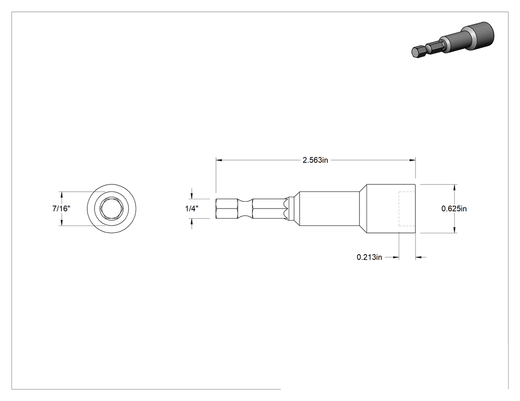 Teknik Çizim - Ekstra Kavramalı 7/16" Somun Sökücü Ucu, 2-9/16" Toplam Uzunluk