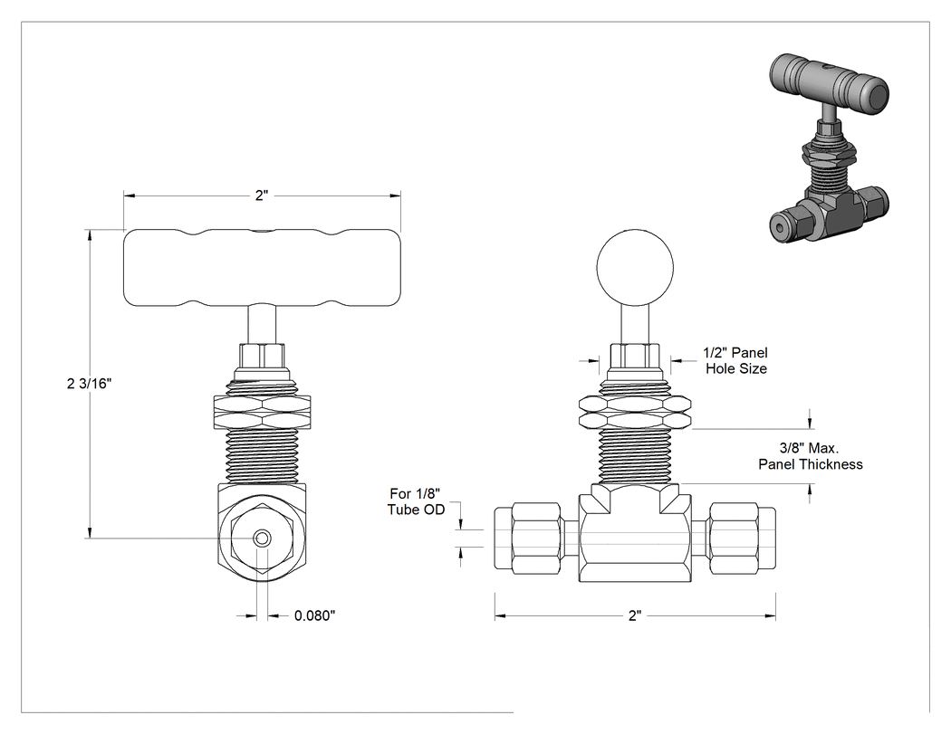 Teknik Çizim - Hassas Akış Ayar Valfi, 1/8" Boru Dış Çapı için Yor-Lok Bağlantı Parçalı, 2" Uzunluk