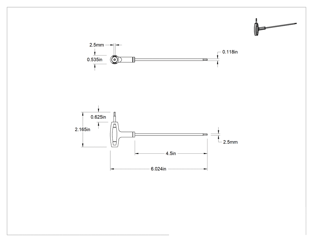 Teknik Çizim - Yüksek Kaldıraçlı Paslanmaz Çelik T-Saplı Altıgen Anahtar, 2.5 mm Tahrik Boyutu, 6" Toplam Uzunluk
