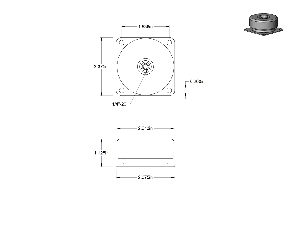Teknik Çizim - Arıza Emniyetli Titreşim Sönümlemeli Cıvatalı Montaj, Her Yönlü, Neopren, 1/4"-20 Diş, 14 lbs. Kapasite