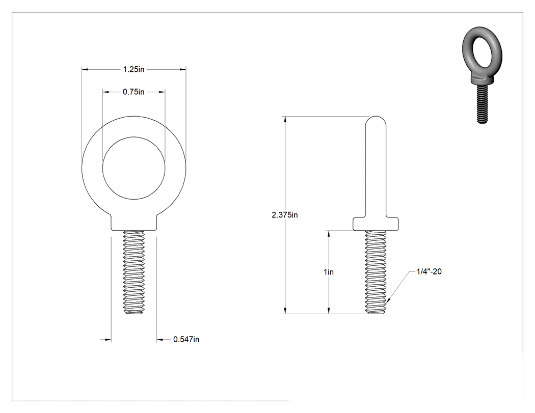 Teknik Çizim - Omuzlu Çelik Halka Cıvata - Kaldırma için, Çinko Kaplamalı, 1/4"-20 Diş Boyutu, 1" Diş Uzunluğu