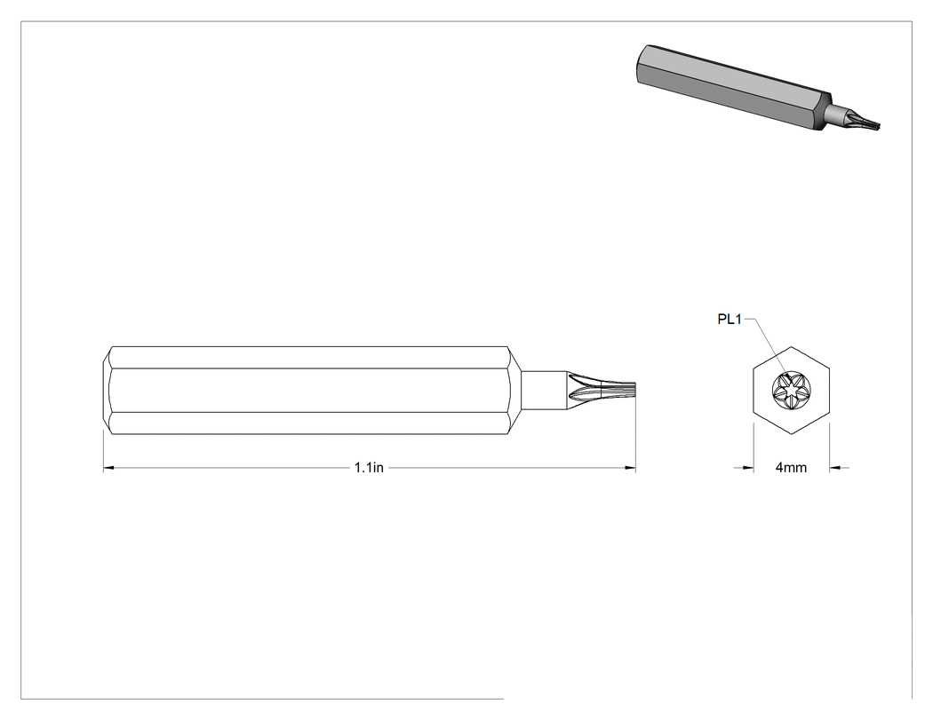 Teknik Çizim - Pentalobe uçlar, 1-1/8" Toplam Uzunluk