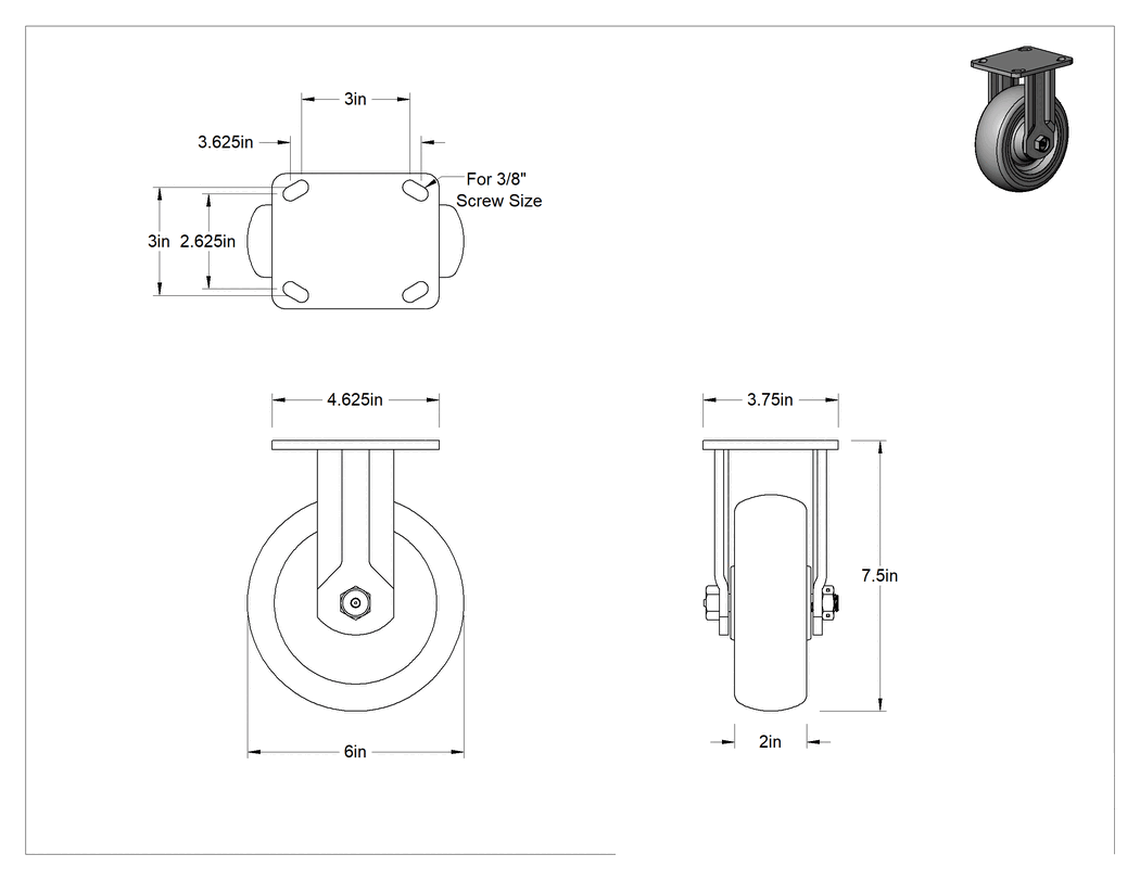 Teknik Çizim - 4-5/8" x 3-3/4" Plakalı Kolay Dönen Tekerlek, Yüksek Kapasiteli, 6 inç Çapında Kırmızı Poliüretan Tekerlekli Sert