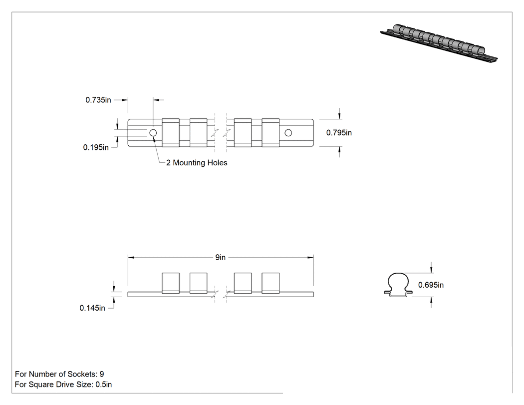Teknik Çizim - Klipsli Ray Soket Düzenleyici, Dokuz adet 1/2" Kare Tahrik Soketi için