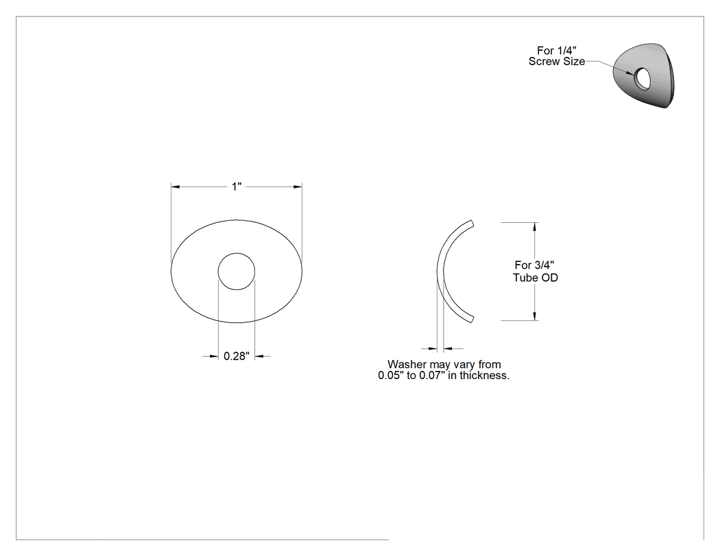 Teknik Çizim - Çinko Kaplı Çelik Kavisli Pul, 3/4" Boru Dış Çapı ve 1/4" Vida Boyutu için, 0.28" İç Çap, 1" Dış Çap