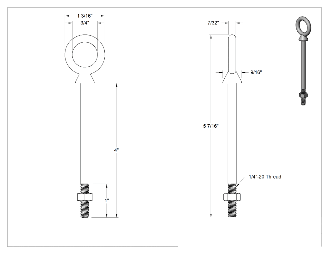 Teknik Çizim - Somunlu 304 Paslanmaz Çelik Halka Cıvata, Kaldırma için Omuzlu, 1/4"-20 Diş Boyutu, 1" Diş Uzunluğu