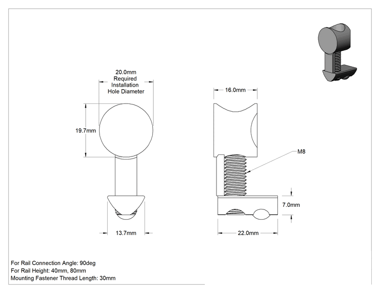 Teknik Çizim - T-Yivli Çerçeve, 40 mm Yüksekliğinde Tek Raylı Gizli Ankraj Braketi