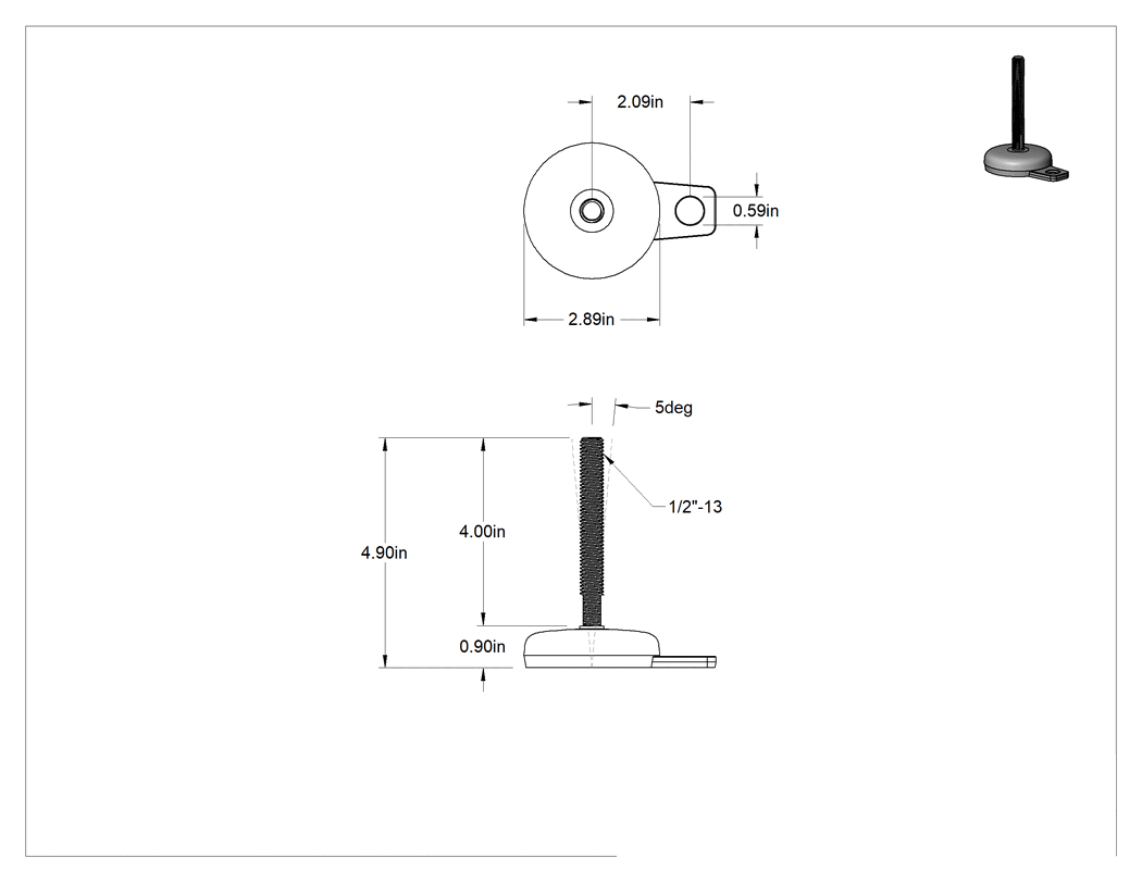 Teknik Çizim - Buna-N Yastıklı 316 Paslanmaz Çelik Sabit Düzleştirme Montaj Parçası, Döner, 4" Uzunlukta 1/2"-13 Saplama, 1 Ofset Delik, 2700 lbs. Kapasite