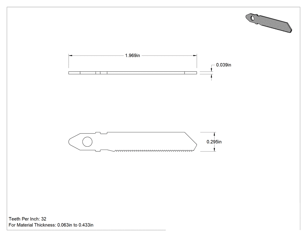 Teknik Çizim - T-Saplı Dekupaj Testere Bıçağı, Metal için, 2" Uzunluk, 5/16" Genişlik, 32 Diş İnç Başına