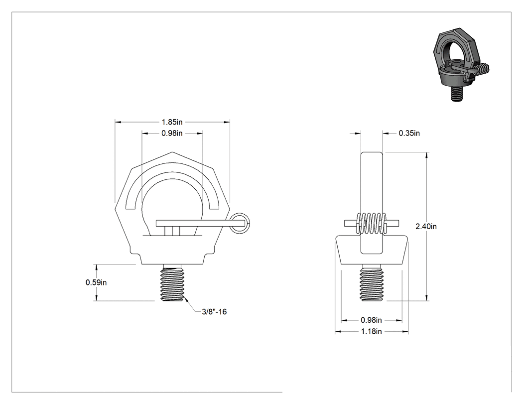 Teknik Çizim - Dönen Halka Cıvata - Kaldırma Amaçlı, 3/8"-16 Diş Boyutu