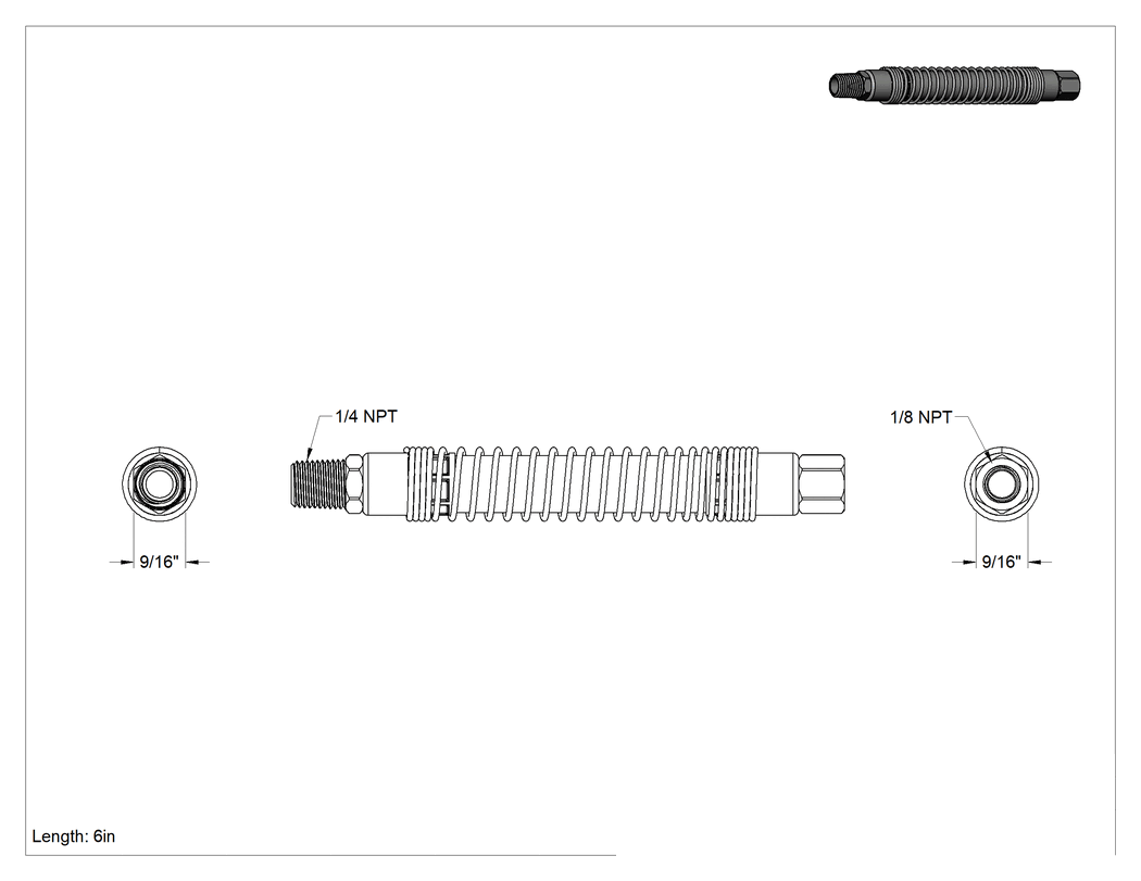 Teknik Çizim - Bükülüp Sabit Kalan Hava Nozulu için 1/8 NPT Dişi Çıkışlı 6" Uzunlukta PVC Hortum