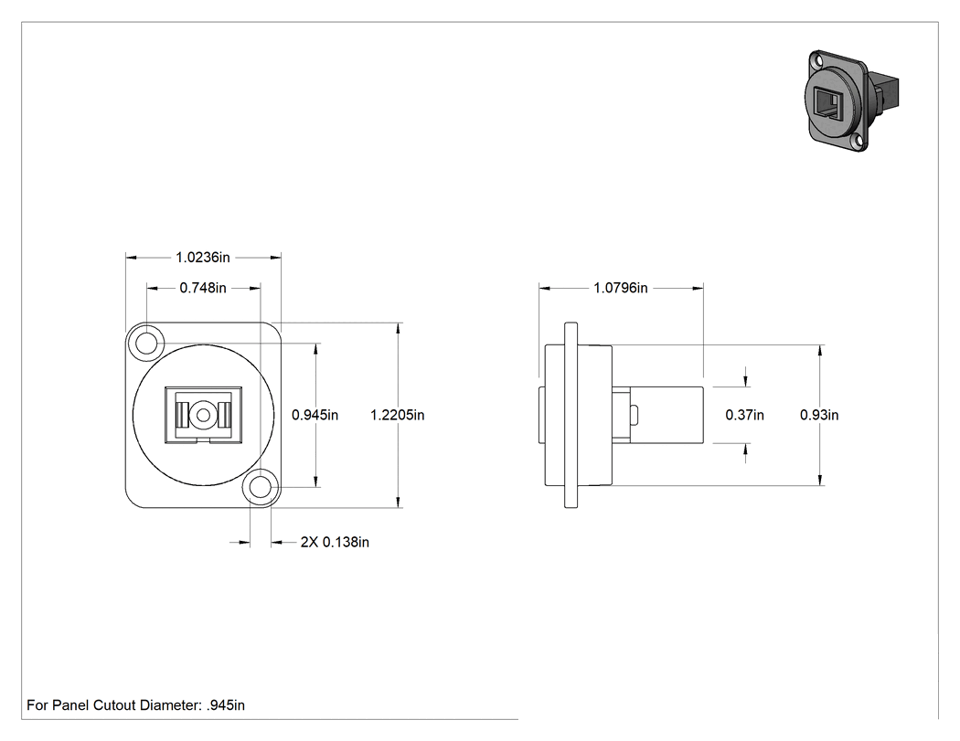 Teknik Çizim - Panele Monte Fiber Optik Adaptör, SC Dişi x SC Dişi, Çok Modlu Om1 için, Om2, Om3, Om4