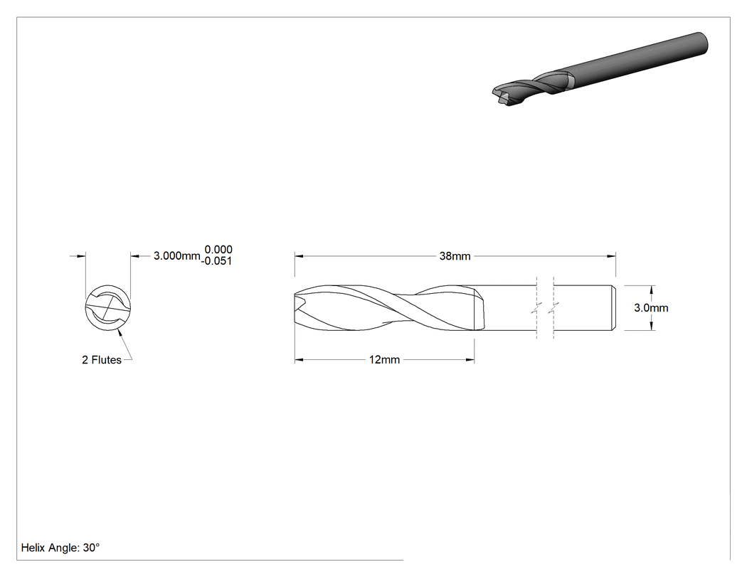Teknik Çizim - Kaplamasız Karbür Kare 2 Kanallı Parmak Frez, 3 mm Freze Çapı, 12 mm Kesme Uzunluğu