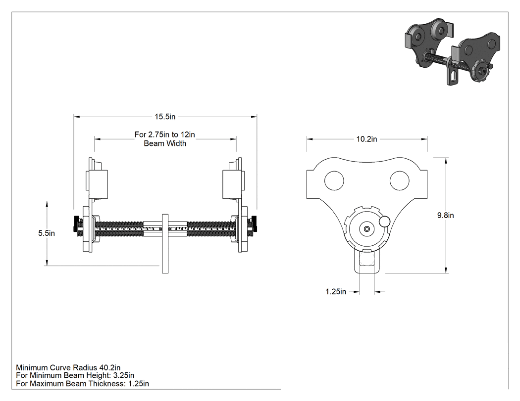 Teknik Çizim - Montaj Halkalı Kolay Takılan Vinç Taşıyıcısı, 1 Ton Kapasite, 2-3/4" ila 12" Genişlikte Kiriş için