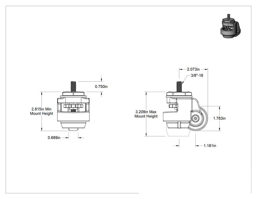 Teknik Çizim - Dişli Saplı Seviyeleme Tekerlekleri, 3/8"-16 Diş, 1-3/4" Çaplı Tekerlek, 220 lbs. Kapasite