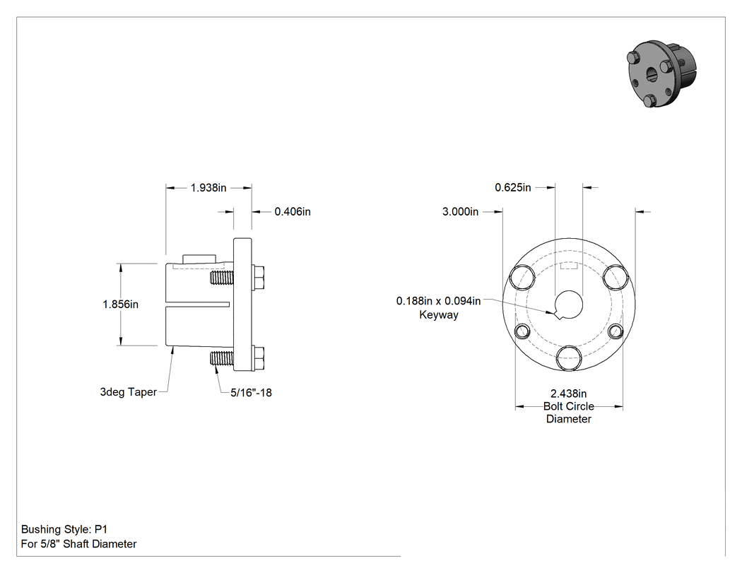 Teknik Çizim - Yarık Konik Burç, 5/8" Mil Çapı için Makine Kamalı P1 Stili, Çelik