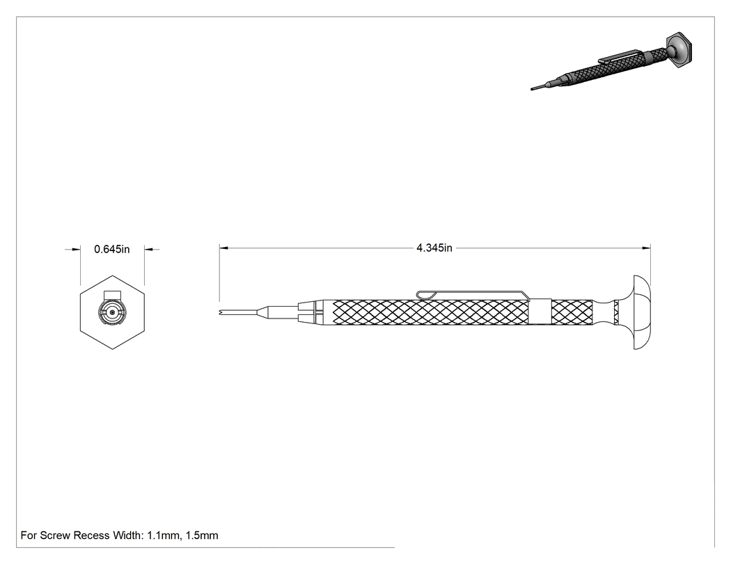 Teknik Çizim - Minyatür Vida Çıkarıcı, 1.1 mm ve 1.5 mm Vida Girintisi Genişliği için