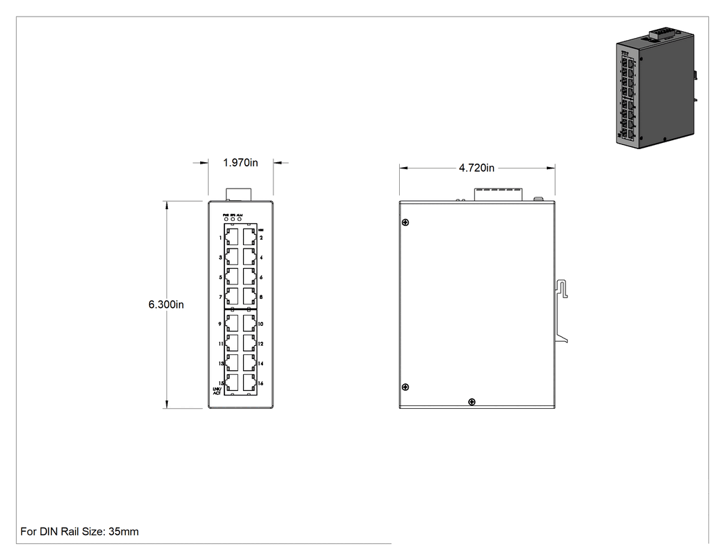 Teknik Çizim - Cihaz Öncelikli Ethernet Anahtarı, 16 RJ45 soketli, DIN Rayı Montajı