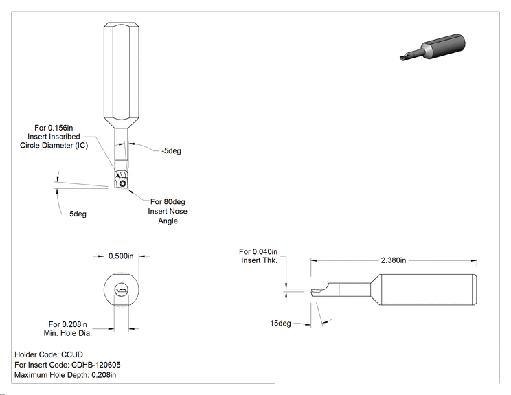 Teknik Çizim - Delik Açma Karbür Uç Tutucu, Kod Ccud, Sağ Yönlü, 1/2" Şaft Çapı, 2-3/8" Toplam Uzunluk