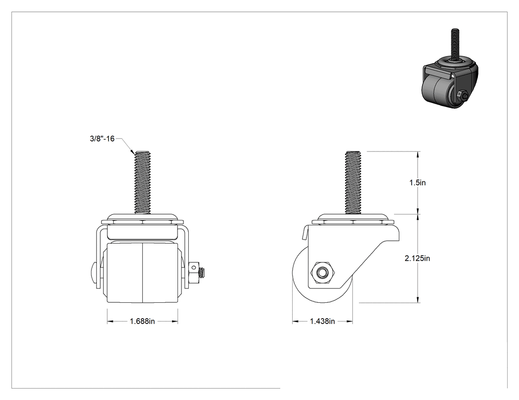 Teknik Çizim - Dişli Saplı Döner Tekerlek, 3/8"-16, 1-7/16" Çaplı Polipropilen Tekerlek, 1-1/2" Uzunluk