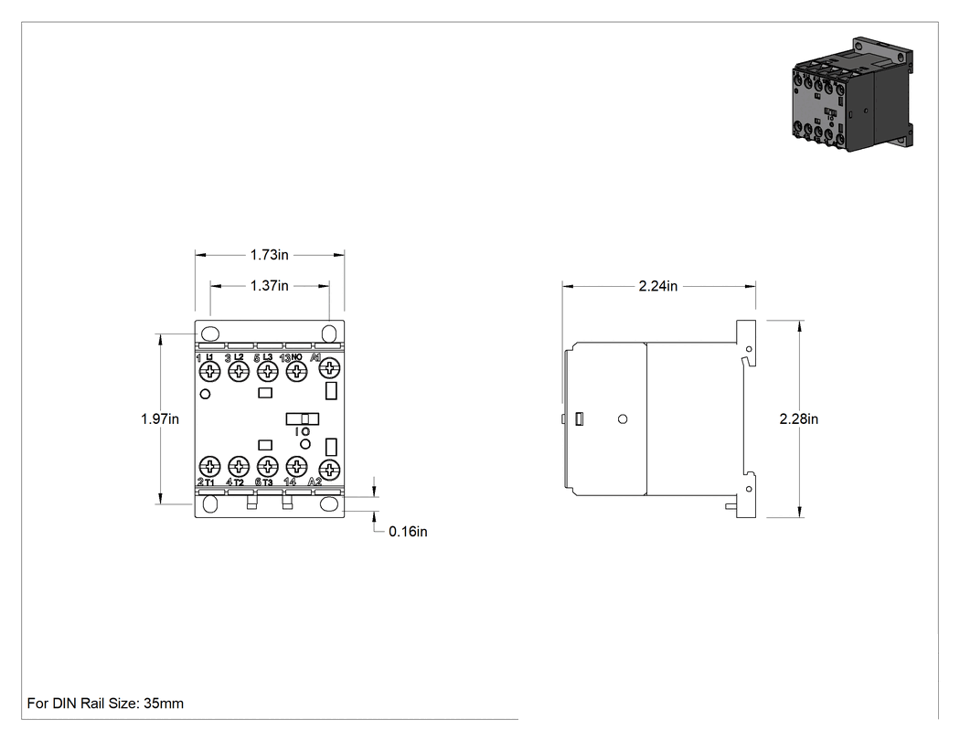 Teknik Çizim - DIN Rayı Montajlı Dokunmaya Dayanıklı Vidalı Klemensli Röle, 1 adet Normalde Açık Kontaklı 3PST-NO, 10 Terminal, 24 V AC Giriş