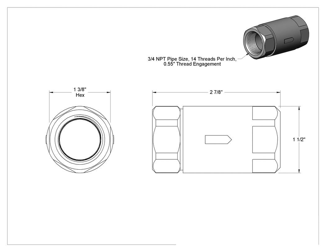 Teknik Çizim - 316 Paslanmaz Çelik Çekvalf, 316 Paslanmaz Çelik Yaylı Bilyeli, 3/4 NPT Dişi