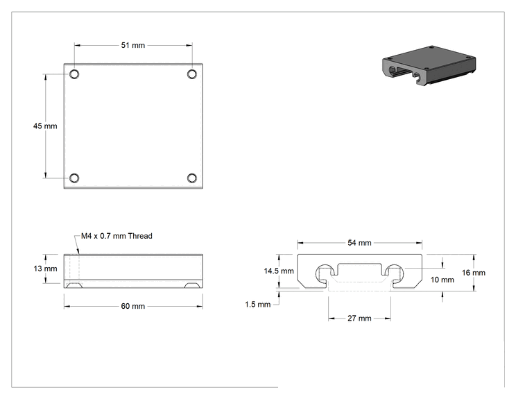 Teknik Çizim - Ekstra Geniş Kovanlı Yatak Taşıyıcı, Tek Parça, Alüminyum, 27 mm Genişlikte Kare Ray için, 60 mm Uzunluk