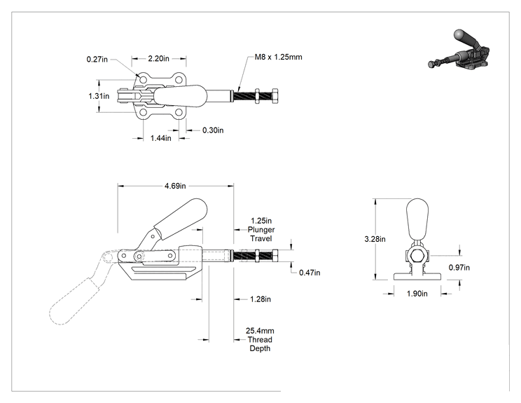 Teknik Çizim - İt/Çek Mandal Kelepçe, 18-8 Paslanmaz Çelik, 800 lbs. Tutma Kapasitesi, 1-1/4" Uzunluk Piston