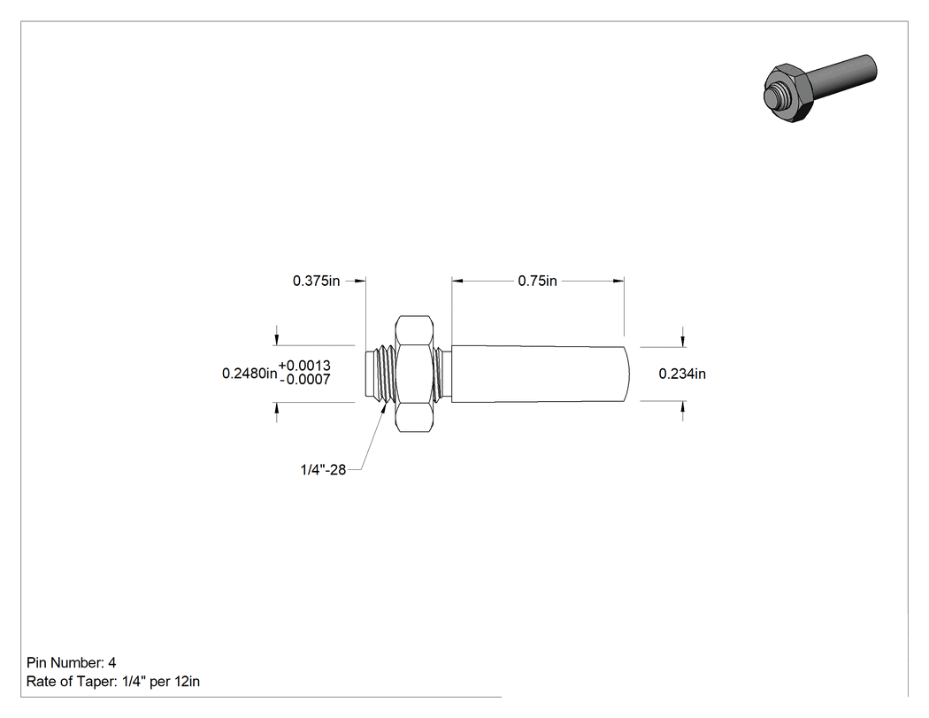 Teknik Çizim - 18-8 Paslanmaz Çelik Dişli Konik Pim, 4 Numaralı Pim, 0.248 inç Genişliğinde Uç Çapı, 3/4" Uzunluk