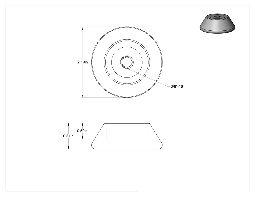 Teknik Çizim - Titreşim Sönümleyici Sert Seviyeleme Montaj Parçası, 3/8"-16 Dişli Delikli, 35 lbs. Kapasite