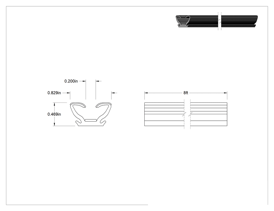 Teknik Çizim - EPDM Kanal Montajlı Kenar Contası, 13/16" Toplam Genişlik, 8 Fit Uzunluk