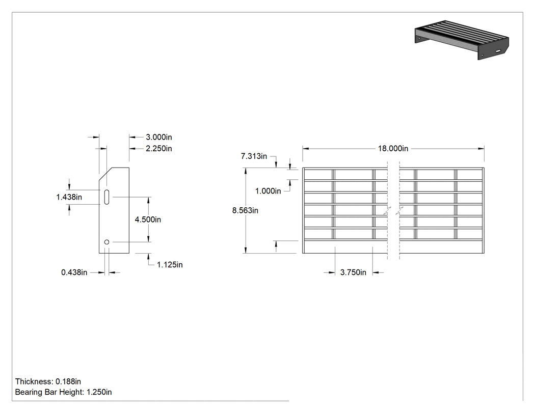 Teknik Çizim - Alüminyum Çubuk Izgara Merdiven Basamağı, Pürüzsüz, 18 inç Genişlik x 8-9/16 inç Derinlik
