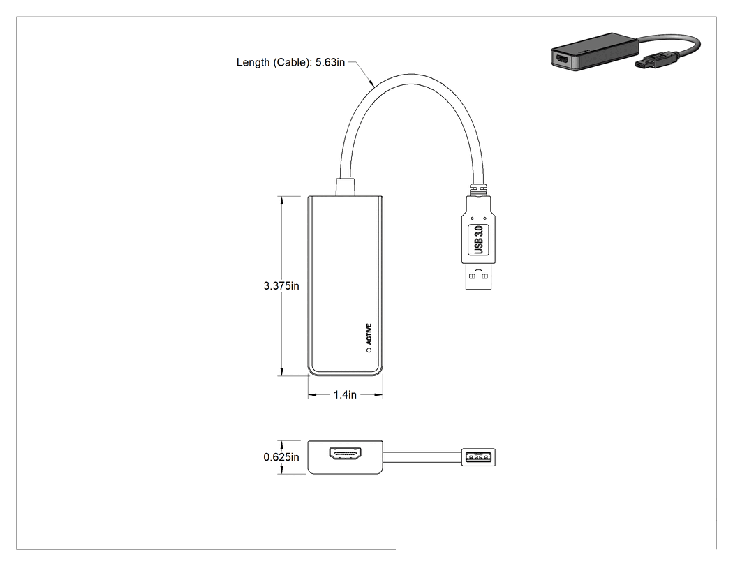 Teknik Çizim - USB Adaptör Kablosu, A Fiş x Standart HDMI Soket, 5-1/2" Uzunluk