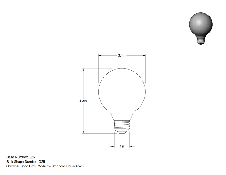 Teknik Çizim - Vidalı Orta Boy Tabanlı Ampul, Küre, 40W Eşdeğer Akkor, 2700K, Kısılabilir, Şeffaf
